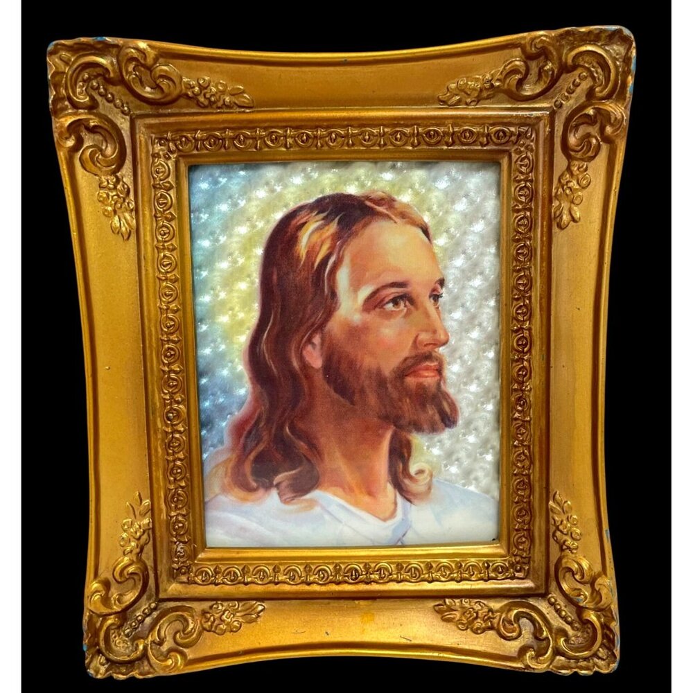 Vintage Jesus Portrait In Ornate Gold Frame With Textured Background 8" X 6" Rel